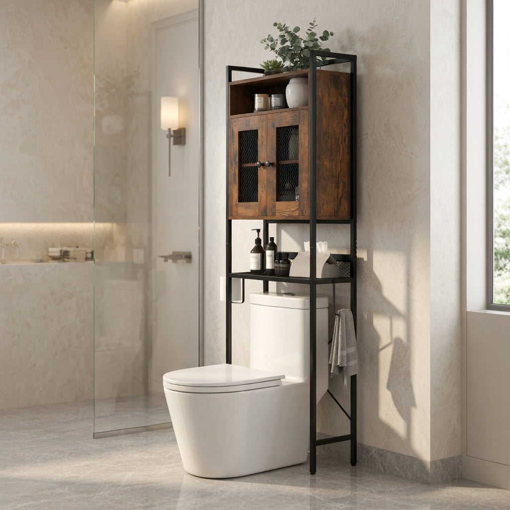 Demi Bonn Toilet Storage Cabinet, Bathroom Cabinet Organizer, Over-The-Toilet Storage Cabinet with Heavy-Duty Metal Frame 2-door Freestanding, for Bathroom, Rustic Brown