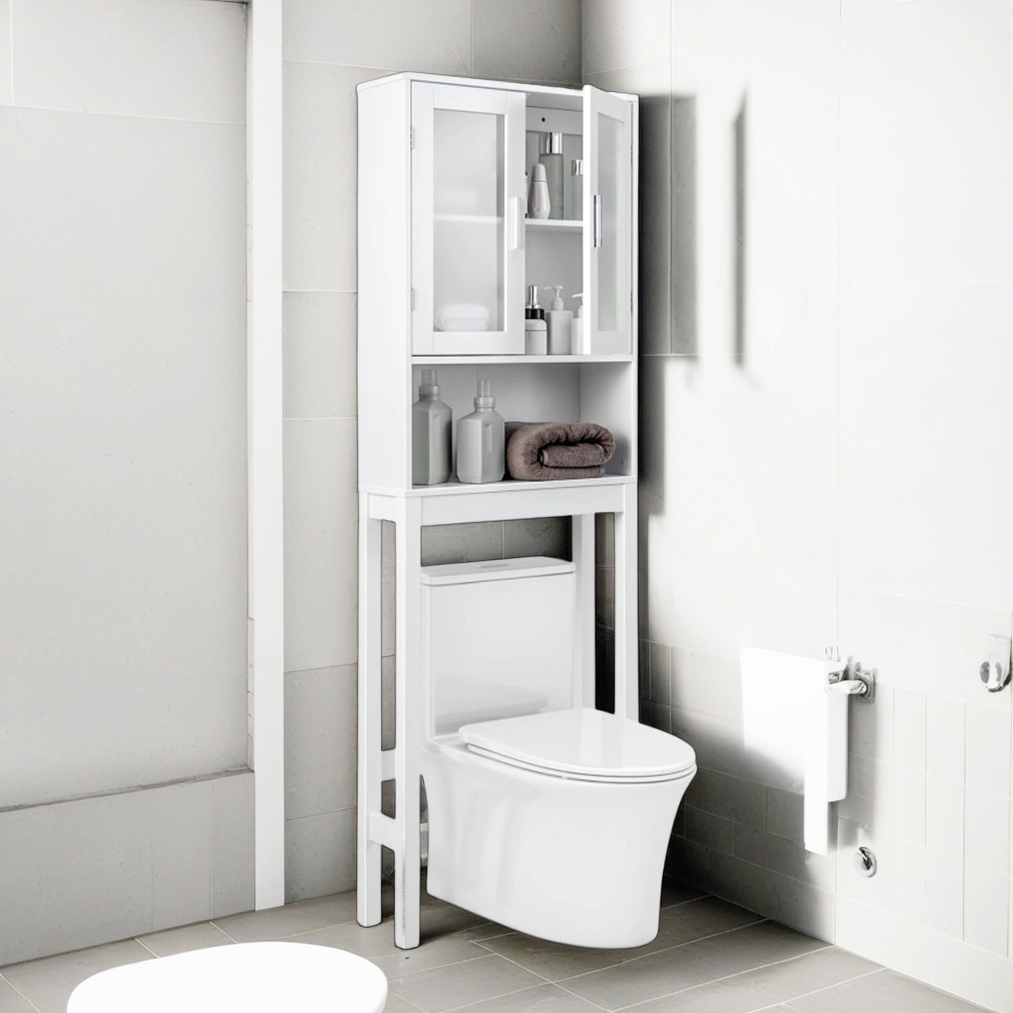 White MDF Over-the-Toilet Storage Cabinet with Doors