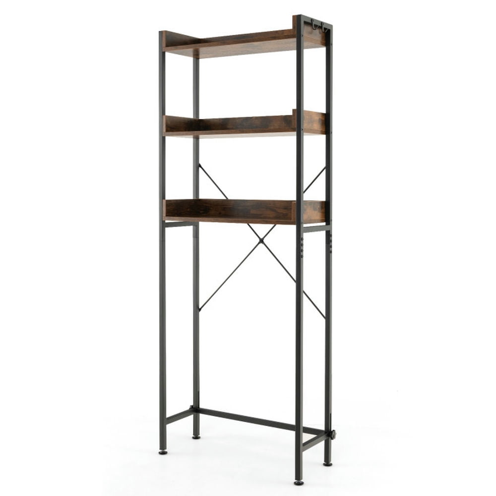 Finihen Toilet Storage Rack, Toilet Storage Shelf, Over The Toilet Storage Rack with Hooks and Adjustable Bottom Bar, for Bathroom, Rustic Brown
