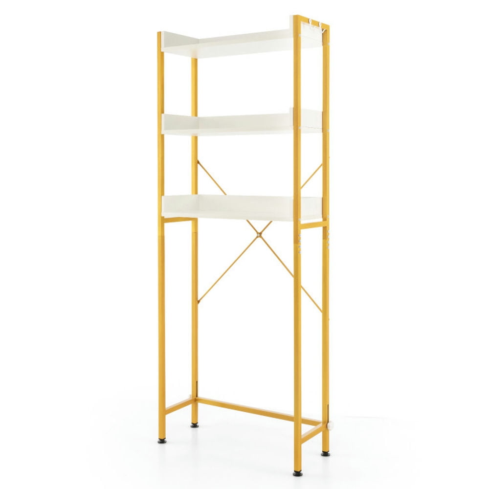 Finihen Toilet Storage Rack, Toilet Storage Shelf, Over The Toilet Storage Rack with Hooks and Adjustable Bottom Bar, for Bathroom, White