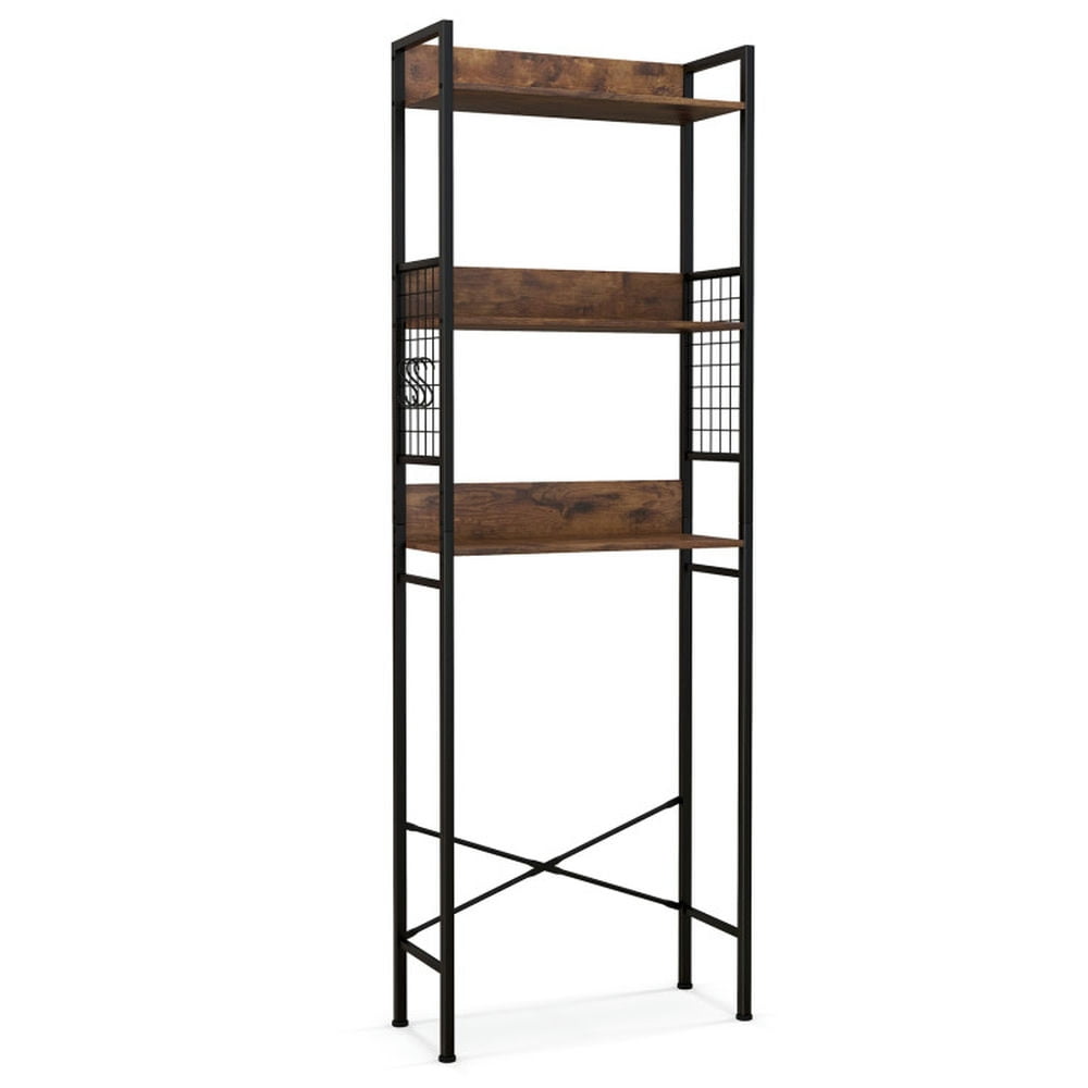 Finihen Toilet Storage Rack, Towel Rack, Towel Holder, 3-Tier Over-the-Toilet Storage Rack with 3 Hooks, for Bathroom, Rustic Brown