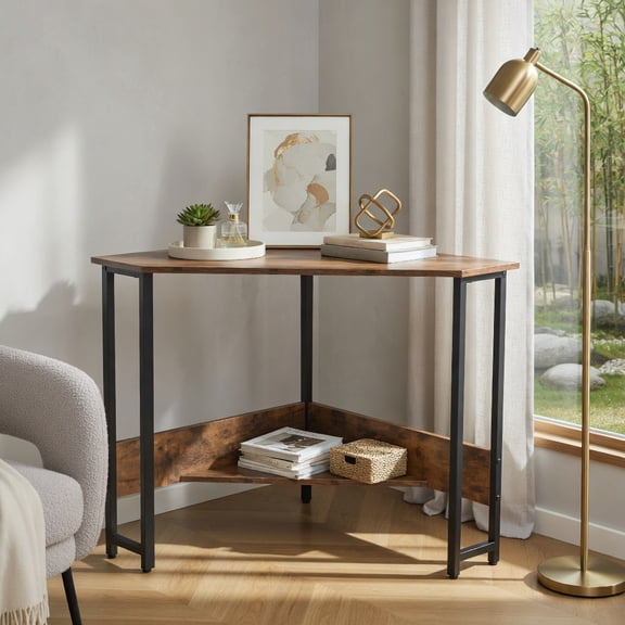 Demi Bonn Triangle Computer Corner Desk with Charging Station, Small Home Office Desk Study Writing Table, Brown