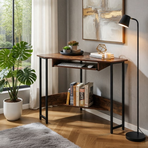 Demi Bonn Triangle Corner Desk with Charging Station Keyboard Tray and Storage Shelf, Small Home Office Desk Study Writing Table, Brown