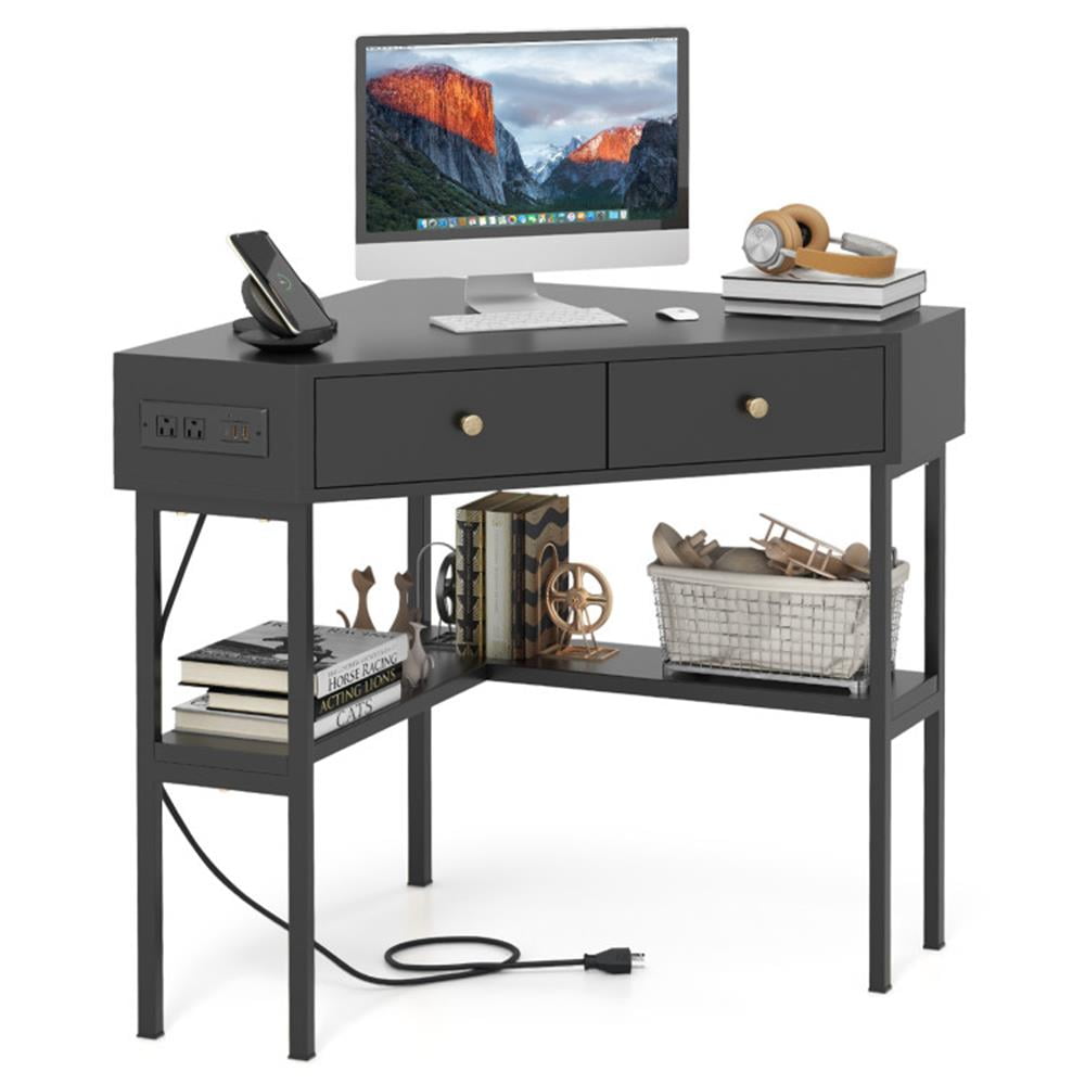 Finihen Triangle Corner Desk with Charging Station with 2 Drawers and Storage Shelf, Small Home Office Desk Study Writing Table, Black