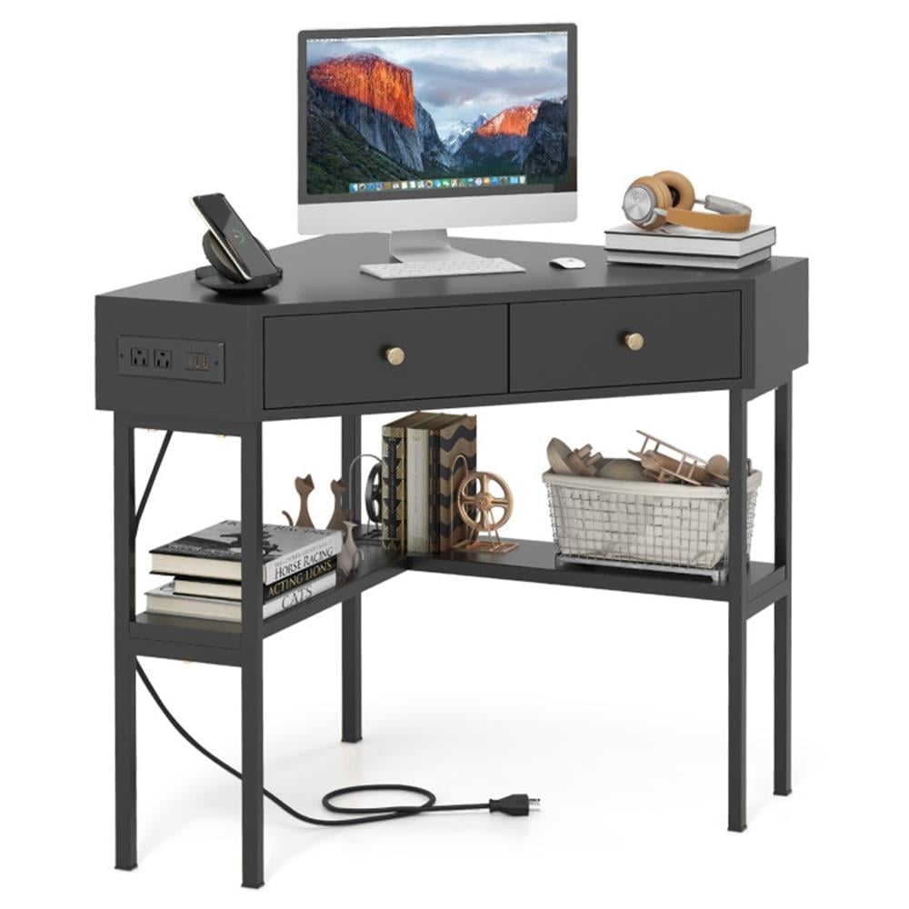 Demi Bonn Triangle Corner Desk with Charging Station with 2 Drawers and Storage Shelf, Small Home Office Desk Study Writing Table, Black