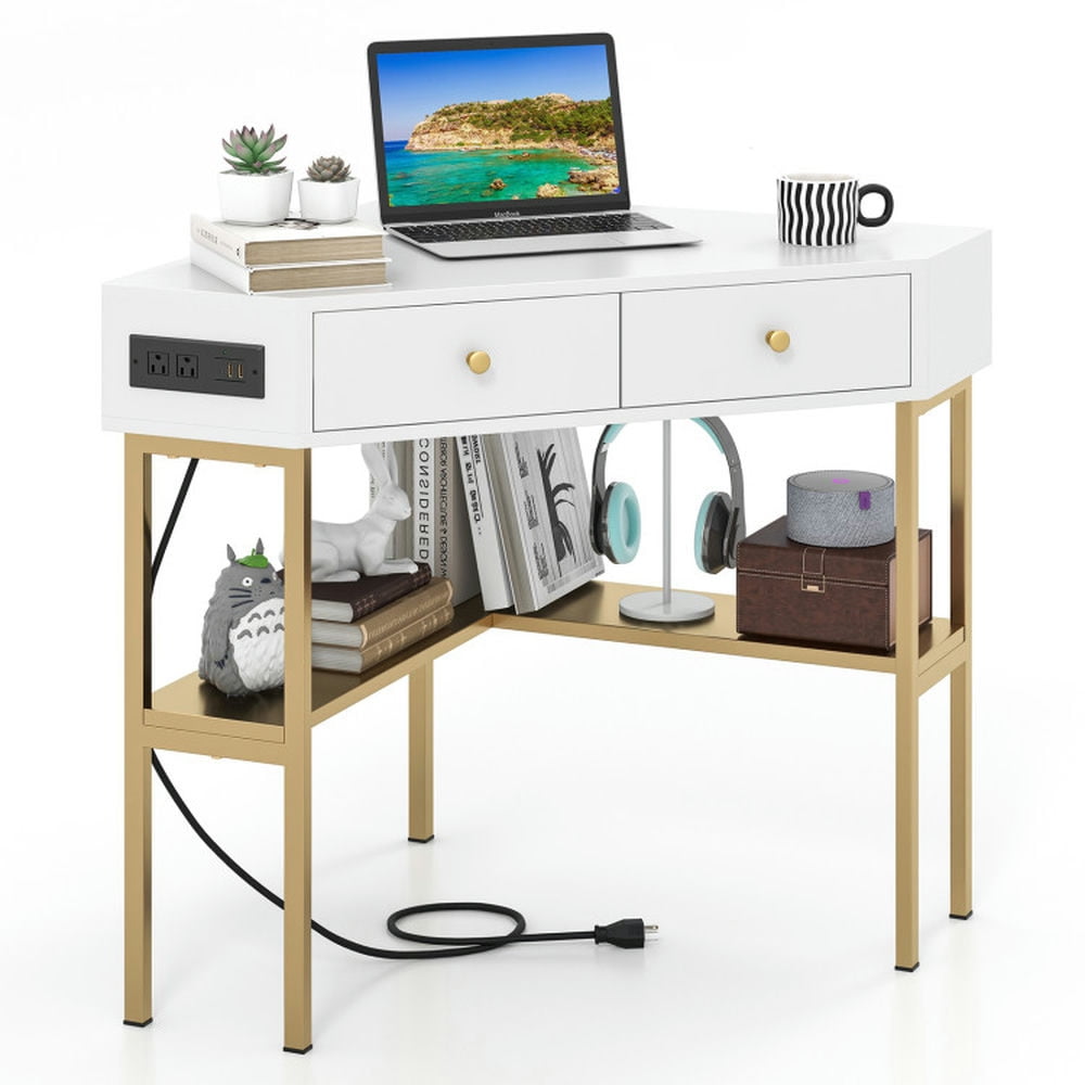 Finihen Triangle Corner Desk with Charging Station with 2 Drawers and Storage Shelf, Small Home Office Desk Study Writing Table, Golden