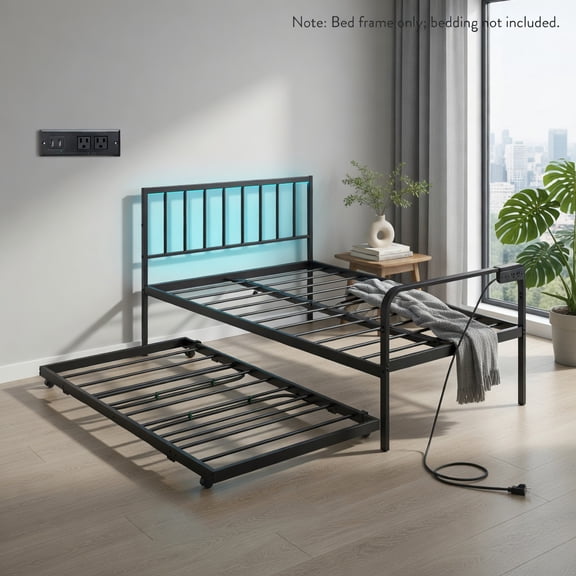 Demi Bonn Twin Daybed with Charging Station and LED Lights, Modern Bed Frame for Teens, Black