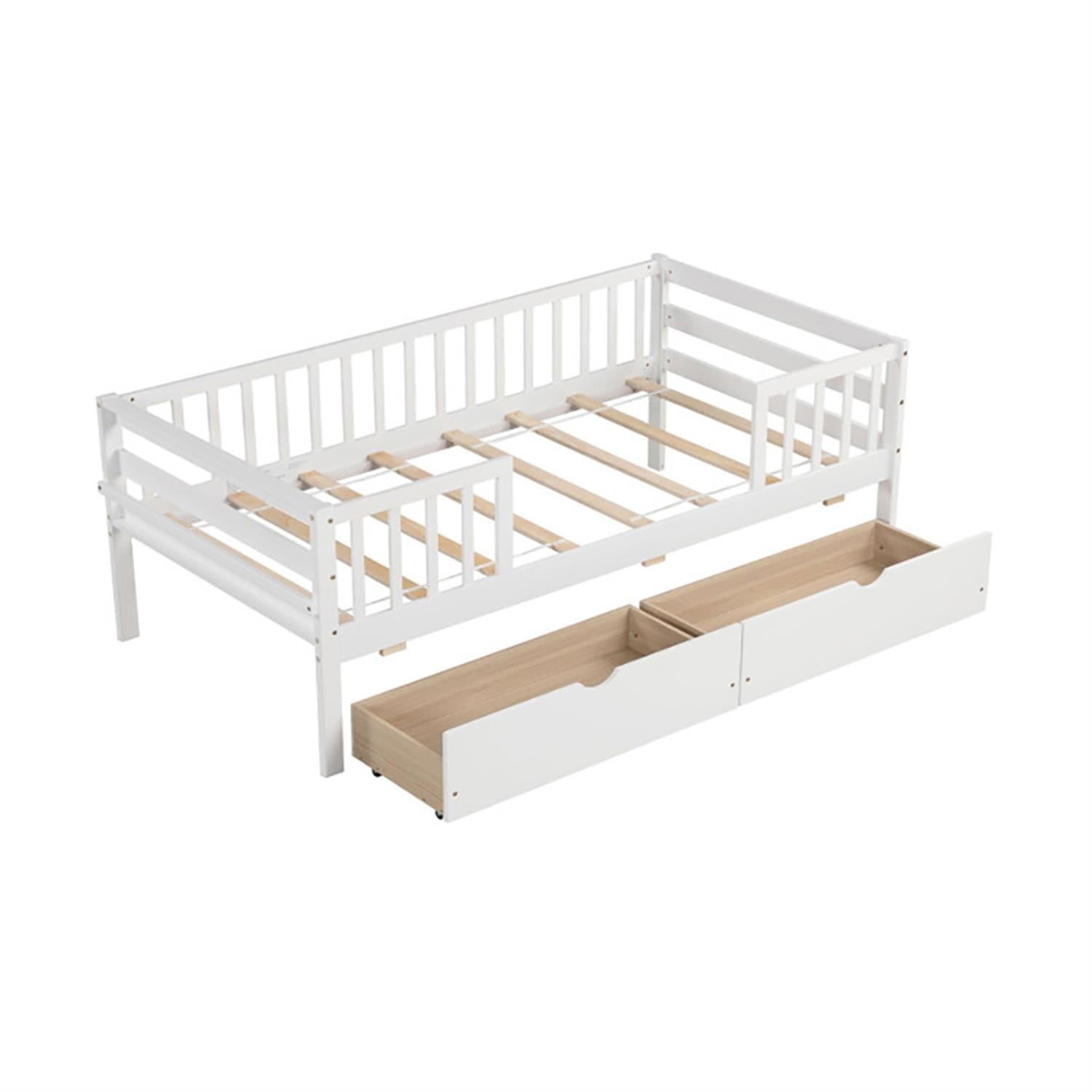 Demi Bonn Twin Daybed with Fence and 2 Drawers, Modern Wooden Bed Frame for Teens, White