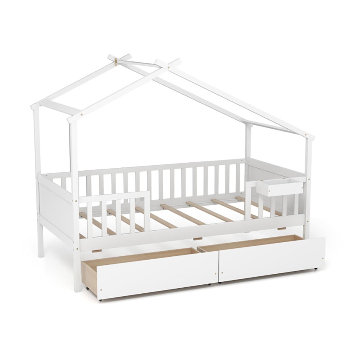Demi Bonn Twin House Bed Frames with 2 Storage Drawers and Roof & Fence Rails, Modern Platform Bed Frames for Teens, White