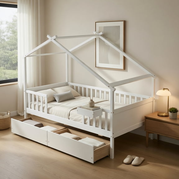 Demi Bonn Twin House Bed Frames with 2 Storage Drawers and Roof & Fence Rails, Modern Platform Bed Frames for Teens, White