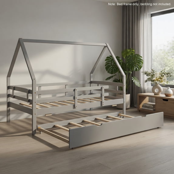 Demi Bonn Twin House Bed Frames with Trundle and Fence Rail, Modern ...