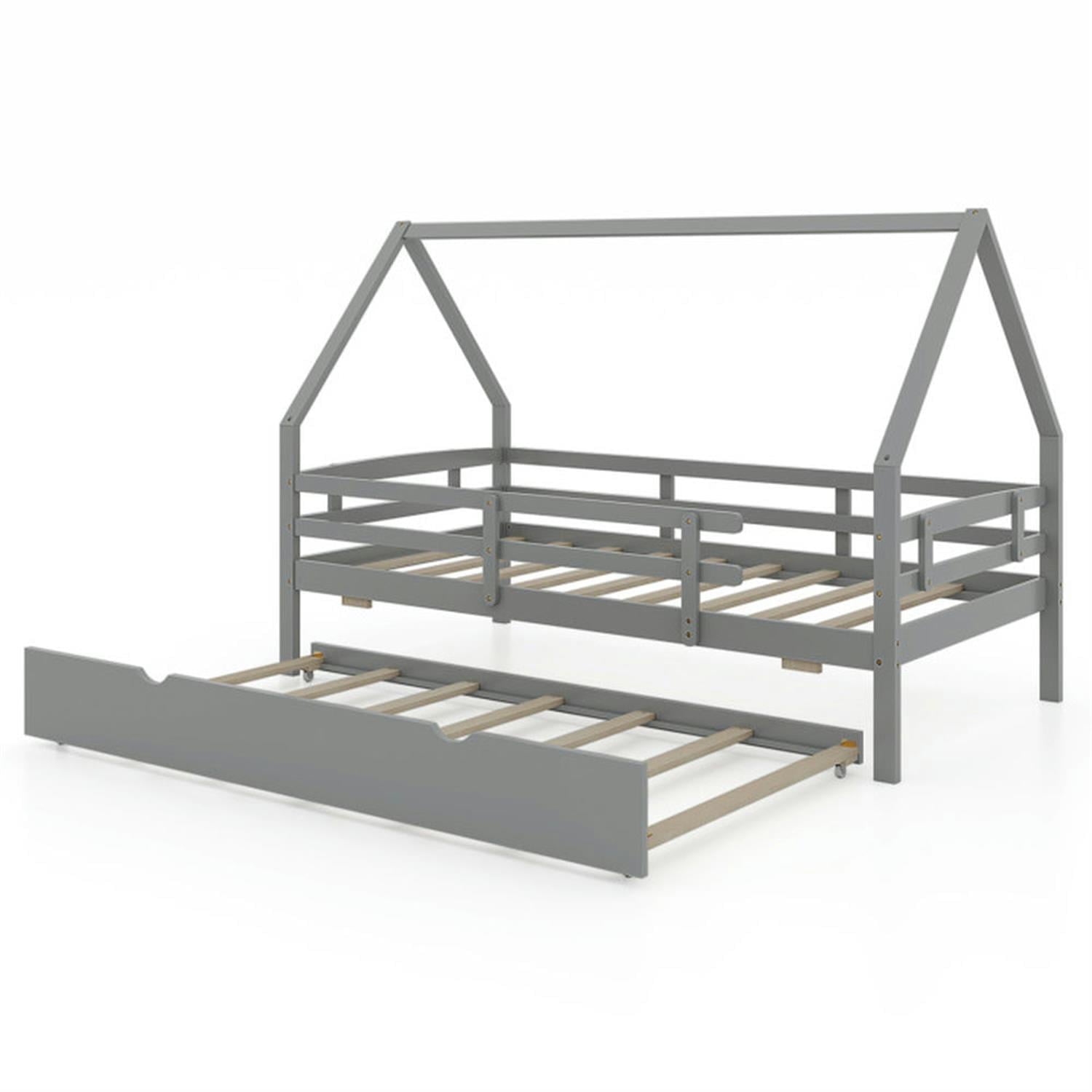 Demi Bonn Twin House Bed Frames with Trundle and Fence Rail, Modern Platform Bed Frames for Teens, Gray