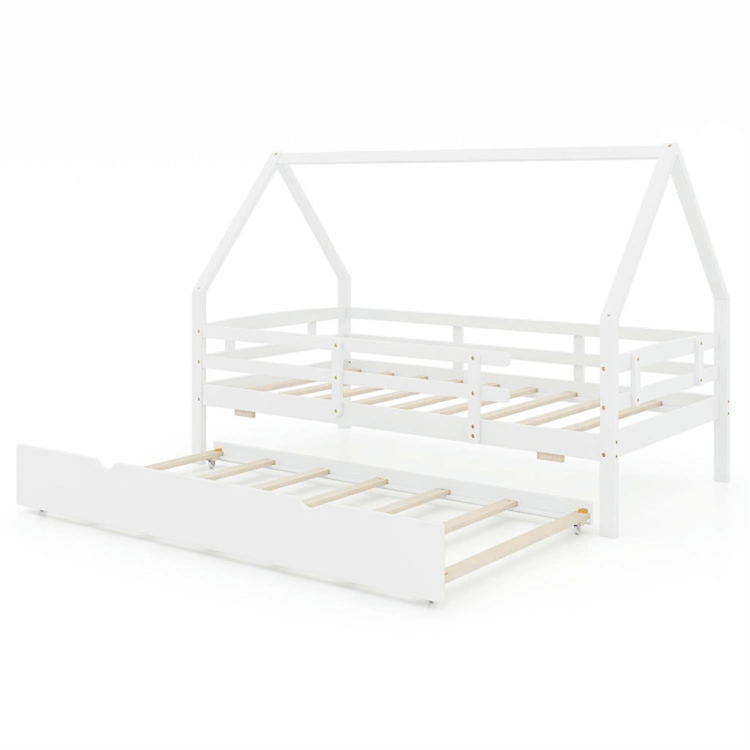 Demi Bonn Twin House Bed Frames with Trundle and Fence Rail, Modern Platform Bed Frames for Teens, White