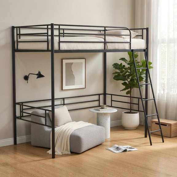 Demi Bonn Twin Metal Loft Bed Frame with Ladder and Metal Slats Support, Twin, Black