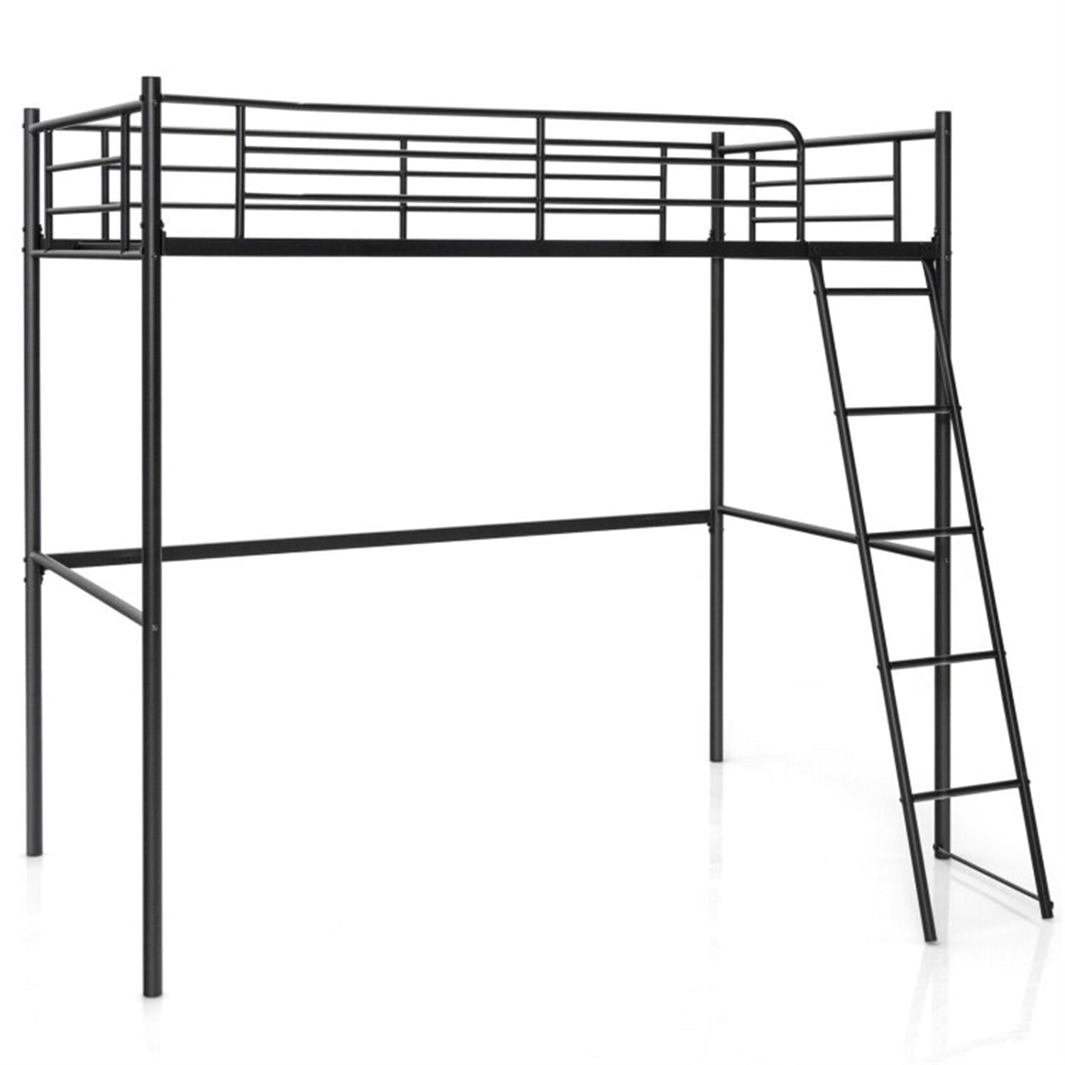 Demi Bonn Twin Metal Loft Bed with Ladderand High Guard Rails for Teens, Black