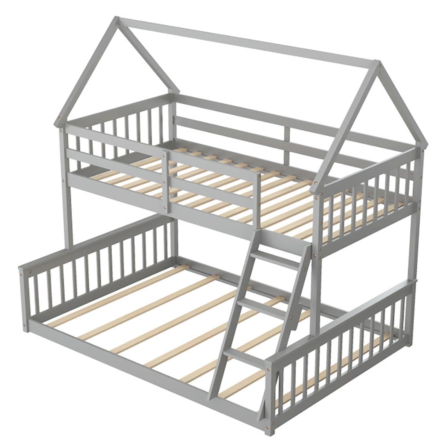 Demi Bonn Twin Over Full Bunk Bed with Ladder and Guardrails, House Twin Bunk Beds, Bed Frame, Gray