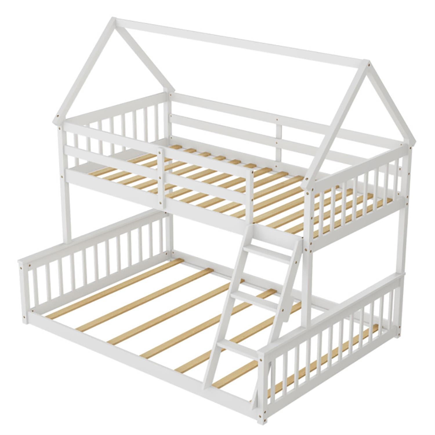 Demi Bonn Twin Over Full Bunk Bed with Ladder and Guardrails, House Twin Bunk Beds, Bed Frame, White