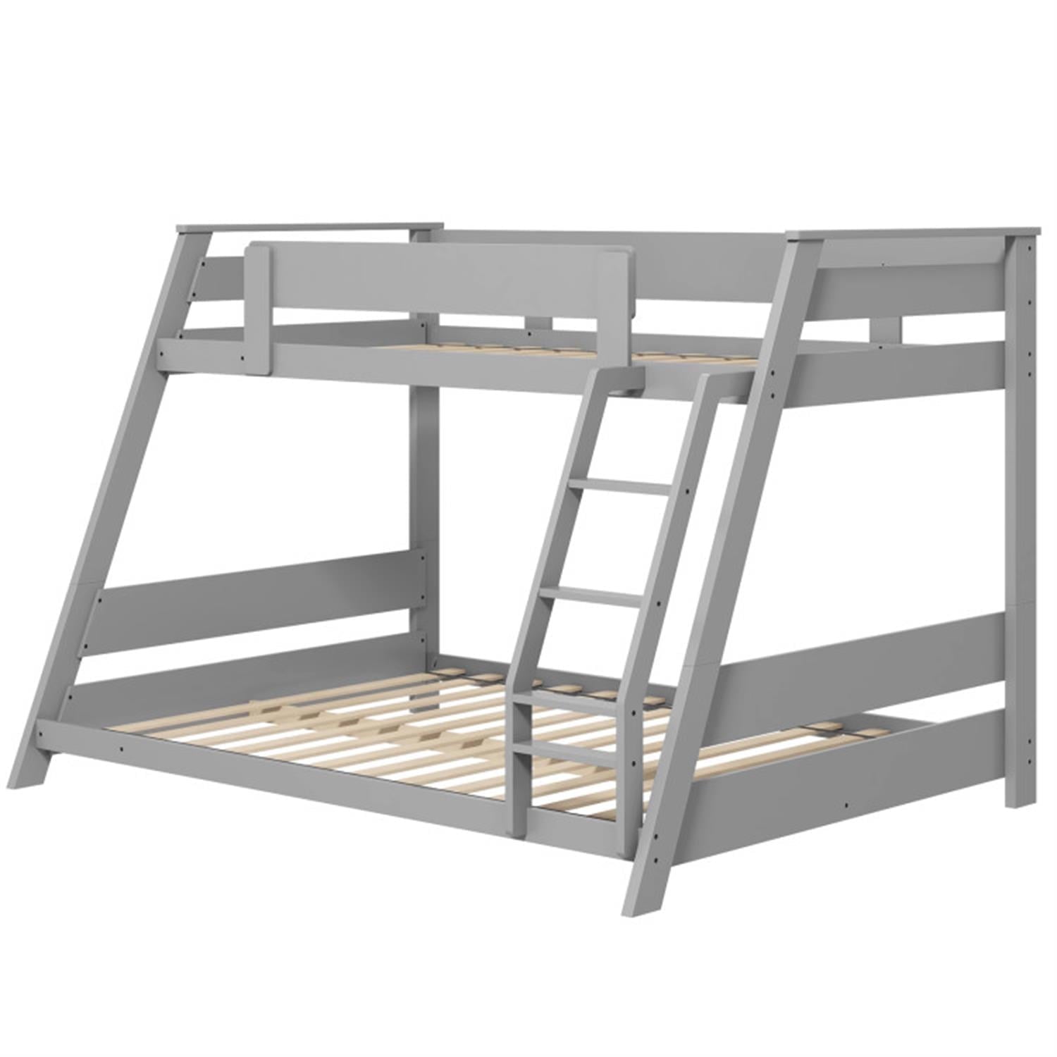 Demi Bonn Twin Over Full Low Bunk Bed with Reversible Ladder, Solid Wood Floor Bunkbeds Frame for Bedroom, No Box Spring Needed, Gray