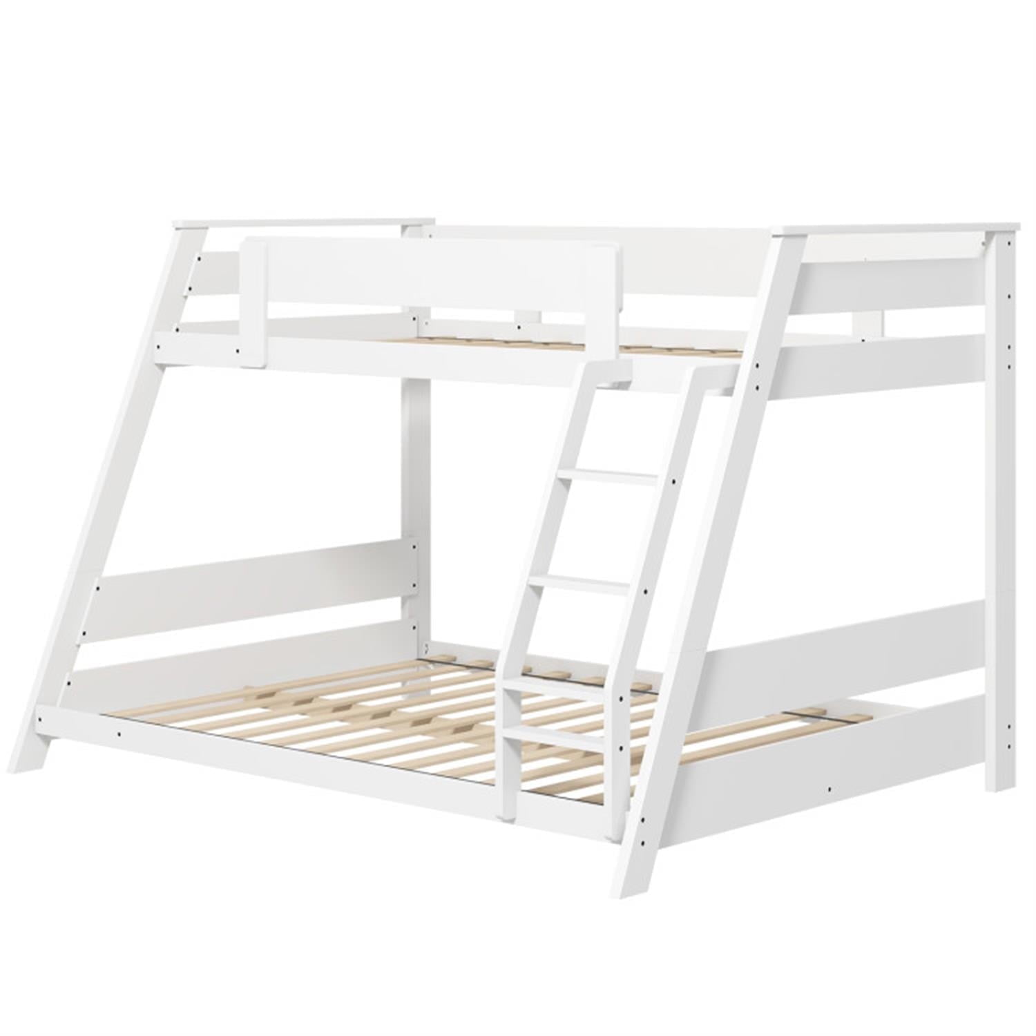 Demi Bonn Twin Over Full Low Bunk Bed with Reversible Ladder, Solid Wood Floor Bunkbeds Frame for Bedroom, No Box Spring Needed, White