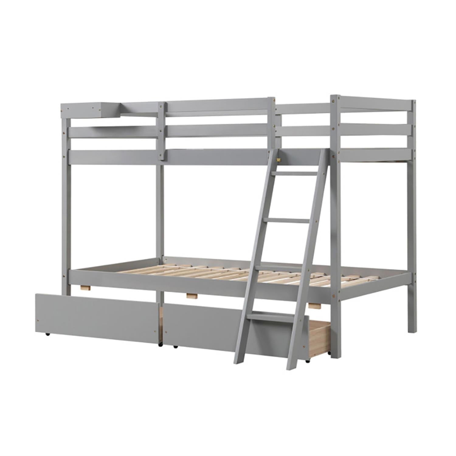 Demi Bonn Twin Over Twin Bunk Bed with 2 Storage Drawers and Ladder, Twin Bunk Beds, Wood Bed Frame No Box Spring Needed, Gray