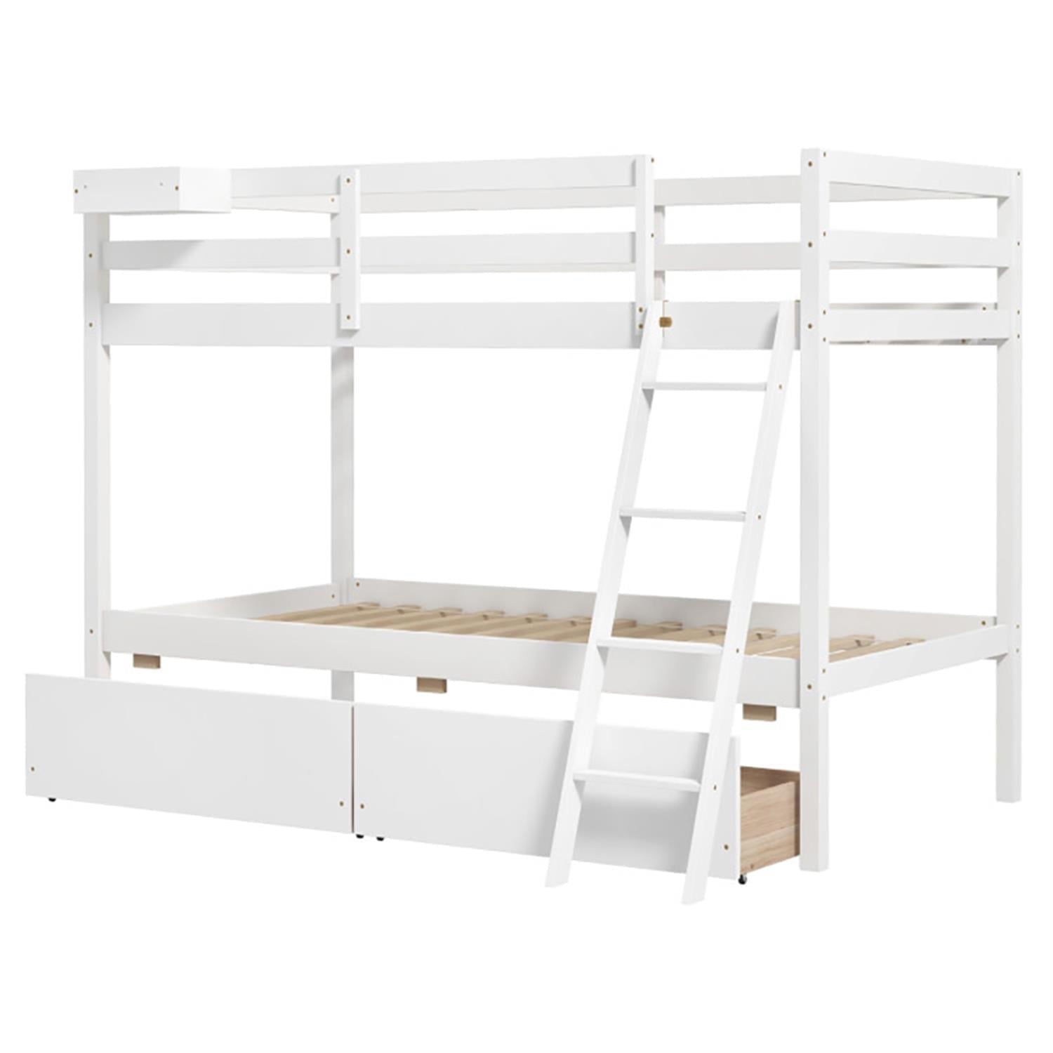 Demi Bonn Twin Over Twin Bunk Bed with 2 Storage Drawers and Ladder, Twin Bunk Beds, Wood Bed Frame No Box Spring Needed, White