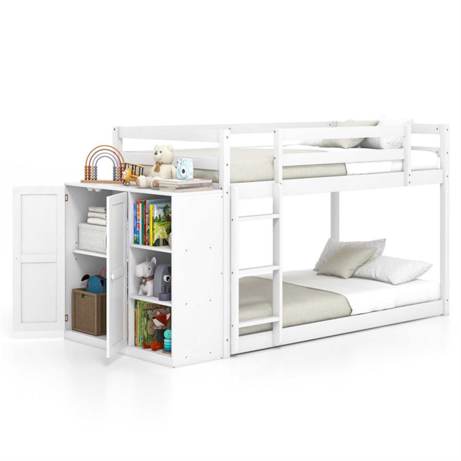 Demi Bonn Twin Over Twin Bunk Bed with Convertible Bookcase and Safety Guardrails, Twin Bunk Beds, Space-saving Solid Wood Bed Frame, White