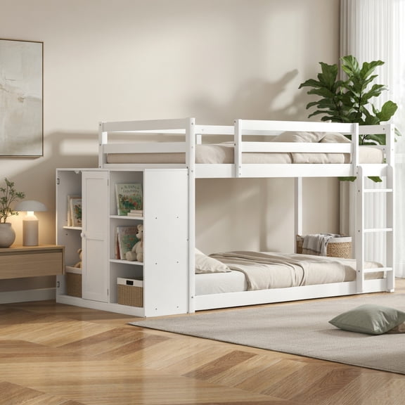 Demi Bonn Twin Over Twin Bunk Bed with Convertible Bookcase and Safety Guardrails, Twin Bunk Beds, Space-saving Solid Wood Bed Frame, White