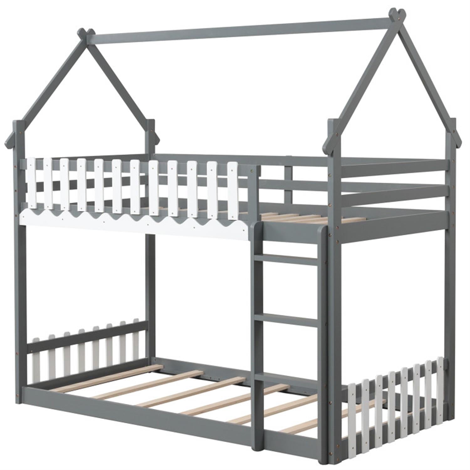 Demi Bonn Twin Over Twin Bunk Bed with Fence and Ladder, Twin Bunk Solid Wood Low Beds, Bed Frame, Gray