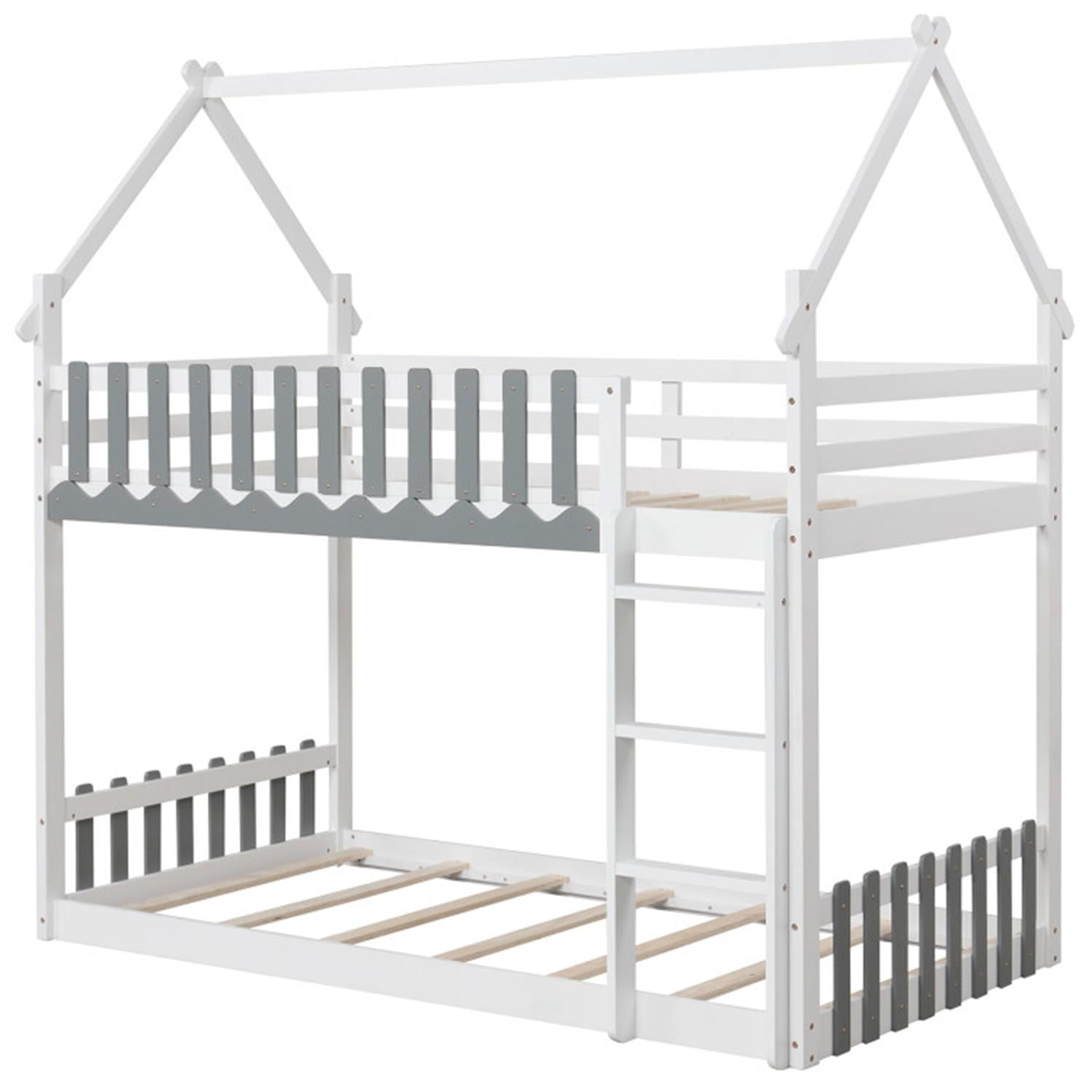 Demi Bonn Twin Over Twin Bunk Bed with Fence and Ladder, Twin Bunk Solid Wood Low Beds, Bed Frame, White