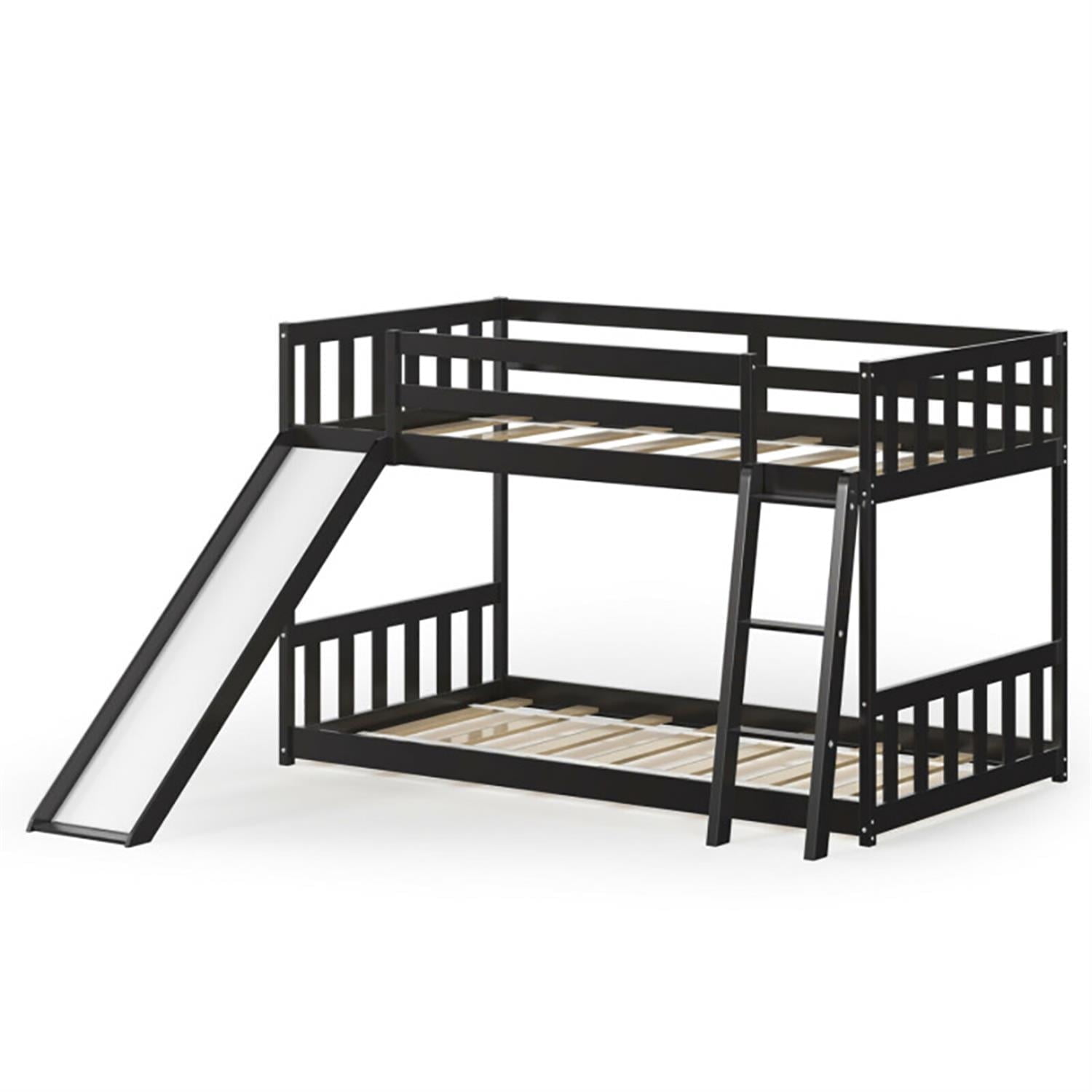 Demi Bonn Twin Over Twin Bunk Bed with High Guardrails and Slide Ladder, Twin Bunk Solid Wood Low Beds, Bed Frame, Brown