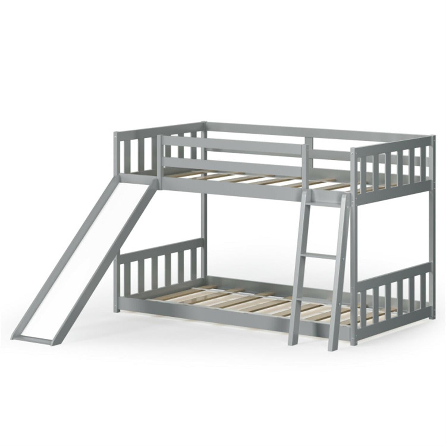 Demi Bonn Twin Over Twin Bunk Bed with High Guardrails and Slide Ladder, Twin Bunk Solid Wood Low Beds, Bed Frame, Gray