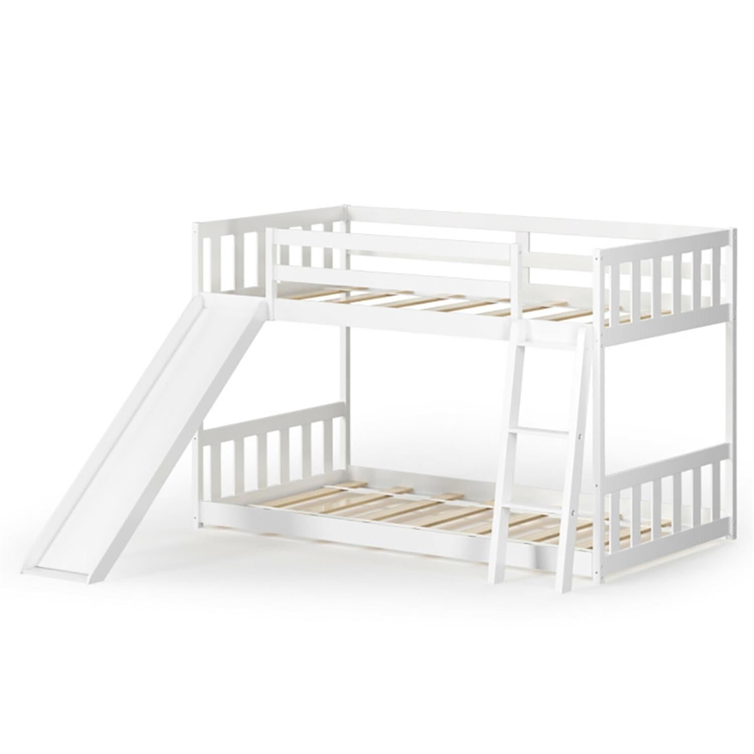 Demi Bonn Twin Over Twin Bunk Bed with High Guardrails and Slide Ladder, Twin Bunk Solid Wood Low Beds, Bed Frame, White