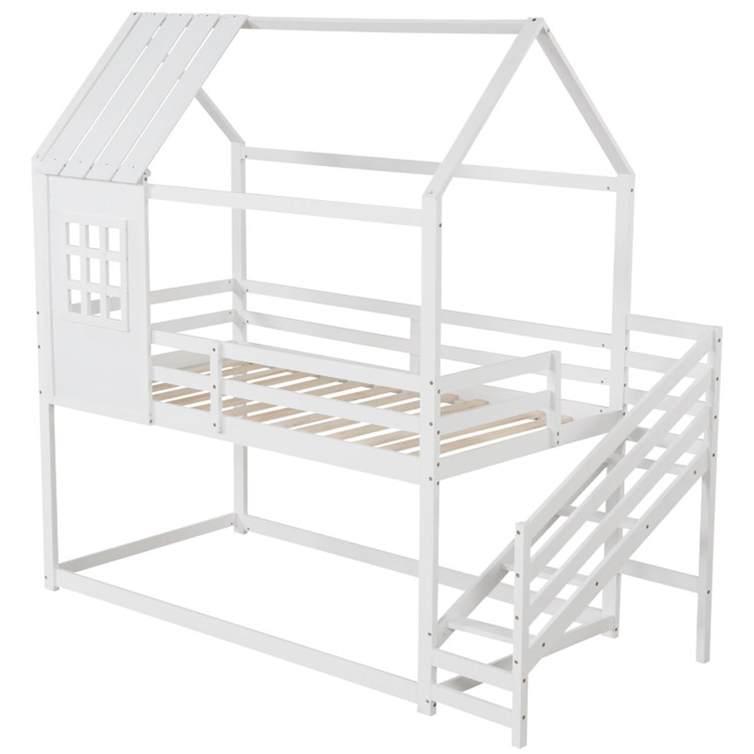 Demi Bonn Twin Over Twin Bunk Bed with Stairs and Roof, Twin Bunk Beds, Space-saving Solid Wood House Bed Frame, White