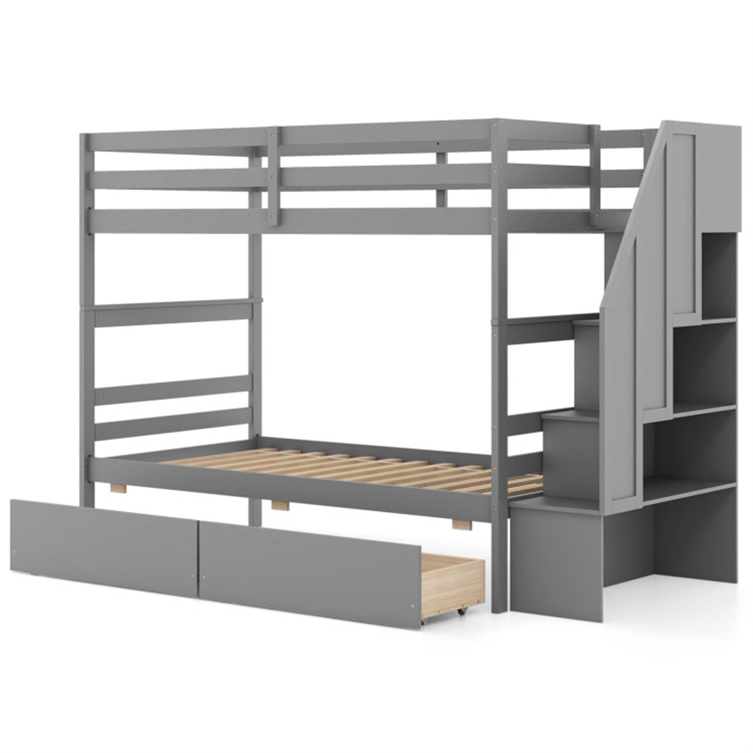Demi Bonn Twin Over Twin Bunk Bed with Storage Stairs and Drawers, Solid Wood Bunkbeds Frame for Bedroom, No Box Spring Needed, Gray