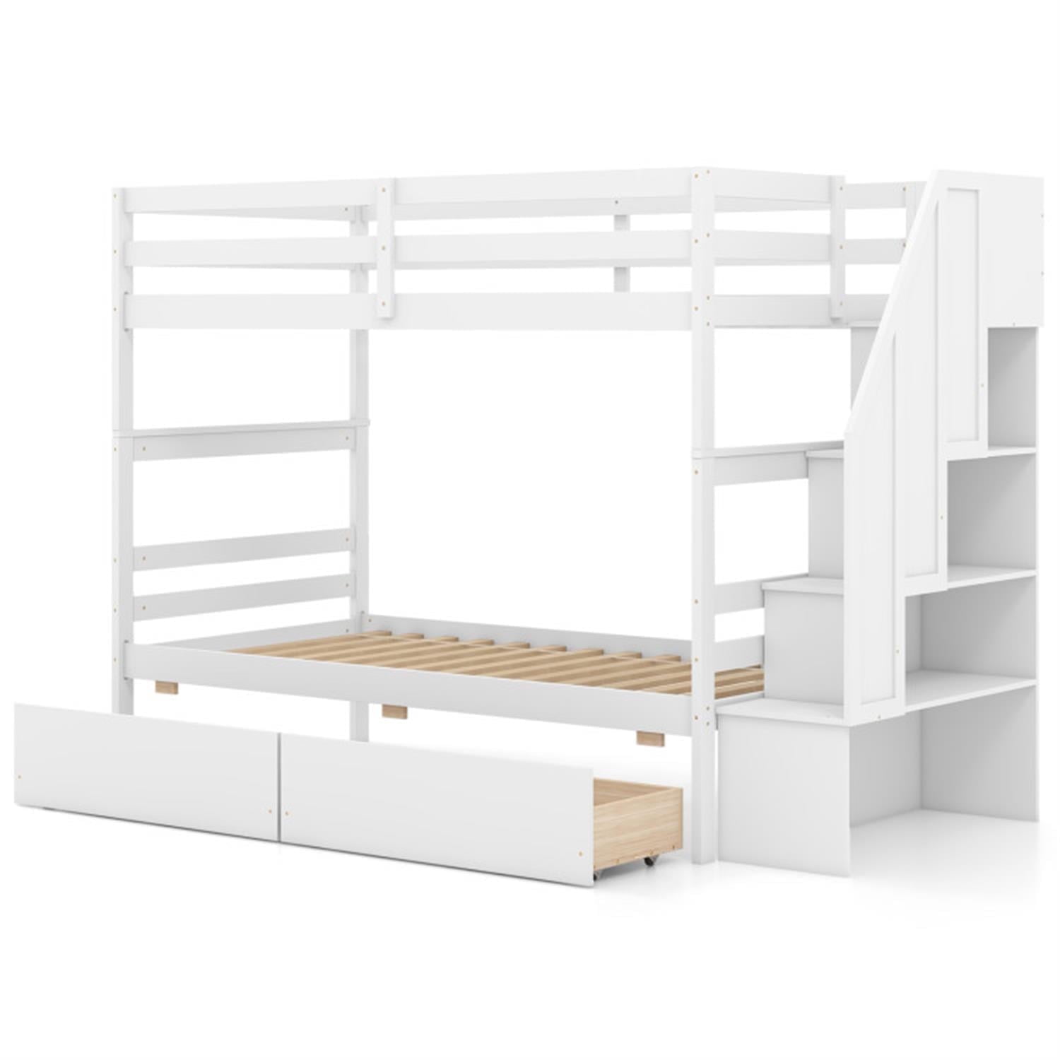 Demi Bonn Twin Over Twin Bunk Bed with Storage Stairs and Drawers, Solid Wood Bunkbeds Frame for Bedroom, No Box Spring Needed, White