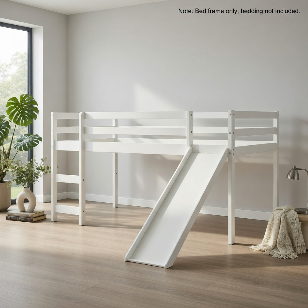Demi Bonn Twin Over Twin Floor Bunk Bed with Slide and Ladder, Solid ...