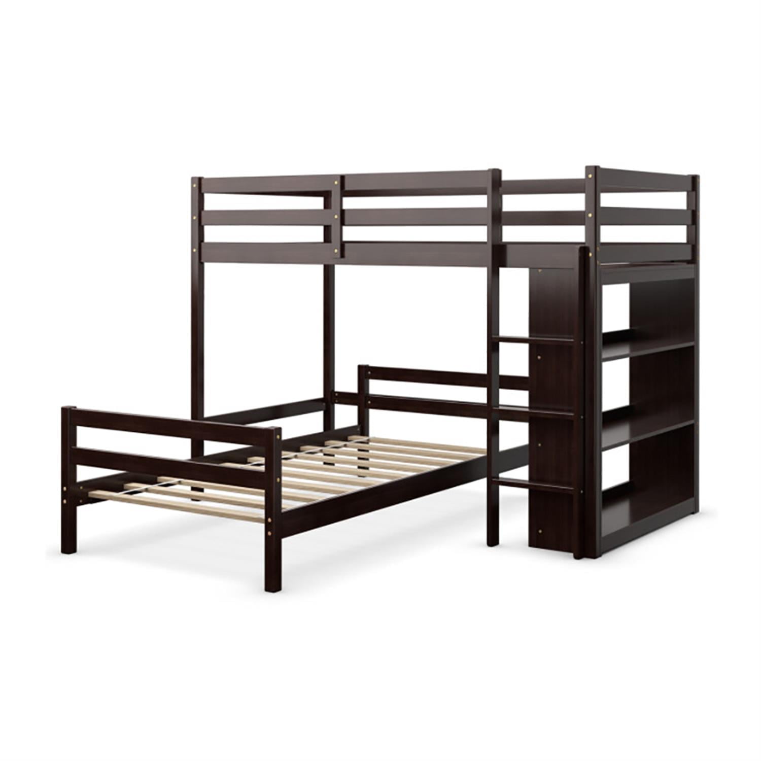 Demi Bonn Twin Over Twin Loft Bunk Bed with Bookcase, Space-saving Solid Wood House Bed Frame, Brown