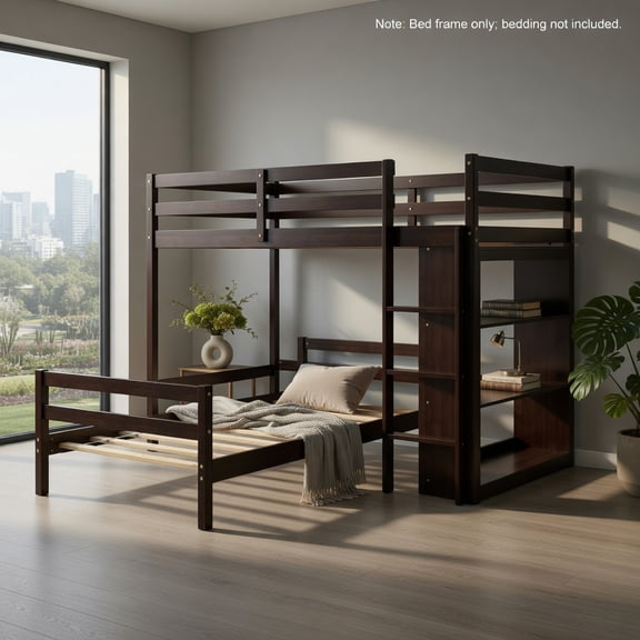 Demi Bonn Twin Over Twin Loft Bunk Bed with Bookcase, Space-saving Solid Wood House Bed Frame, Brown