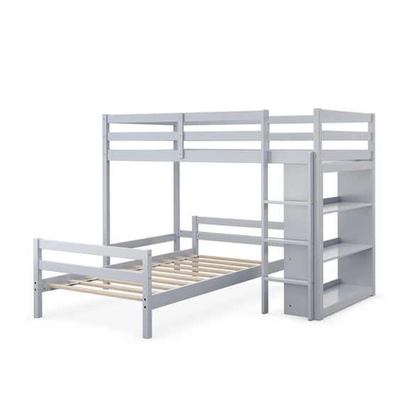 Demi Bonn Twin Over Twin Loft Bunk Bed with Bookcase, Twin Bunk Beds, Space-saving Solid Wood House Bed Frame, Gray