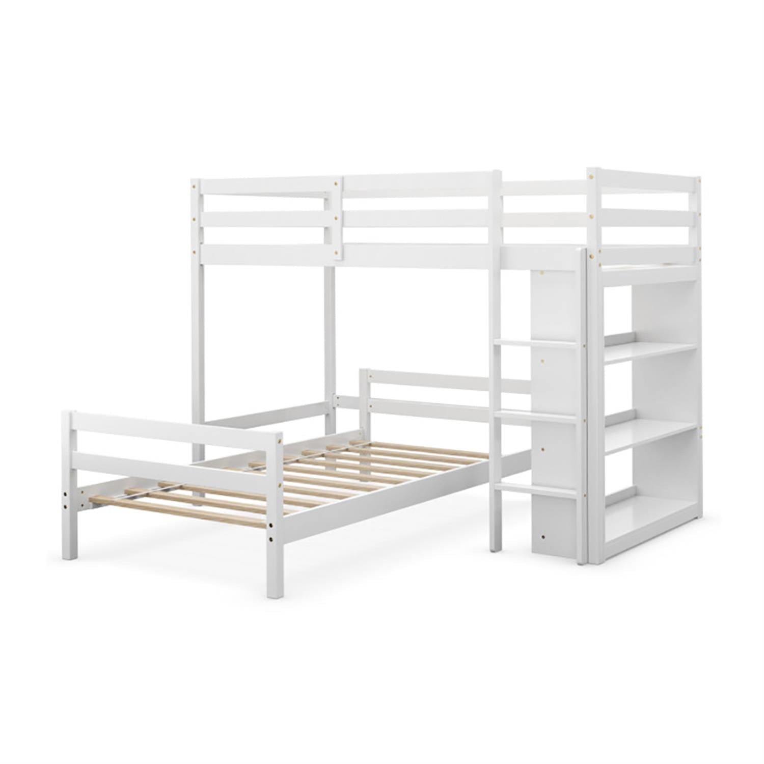 Demi Bonn Twin Over Twin Loft Bunk Bed with Bookcase, Twin Bunk Beds, Space-saving Solid Wood House Bed Frame, White