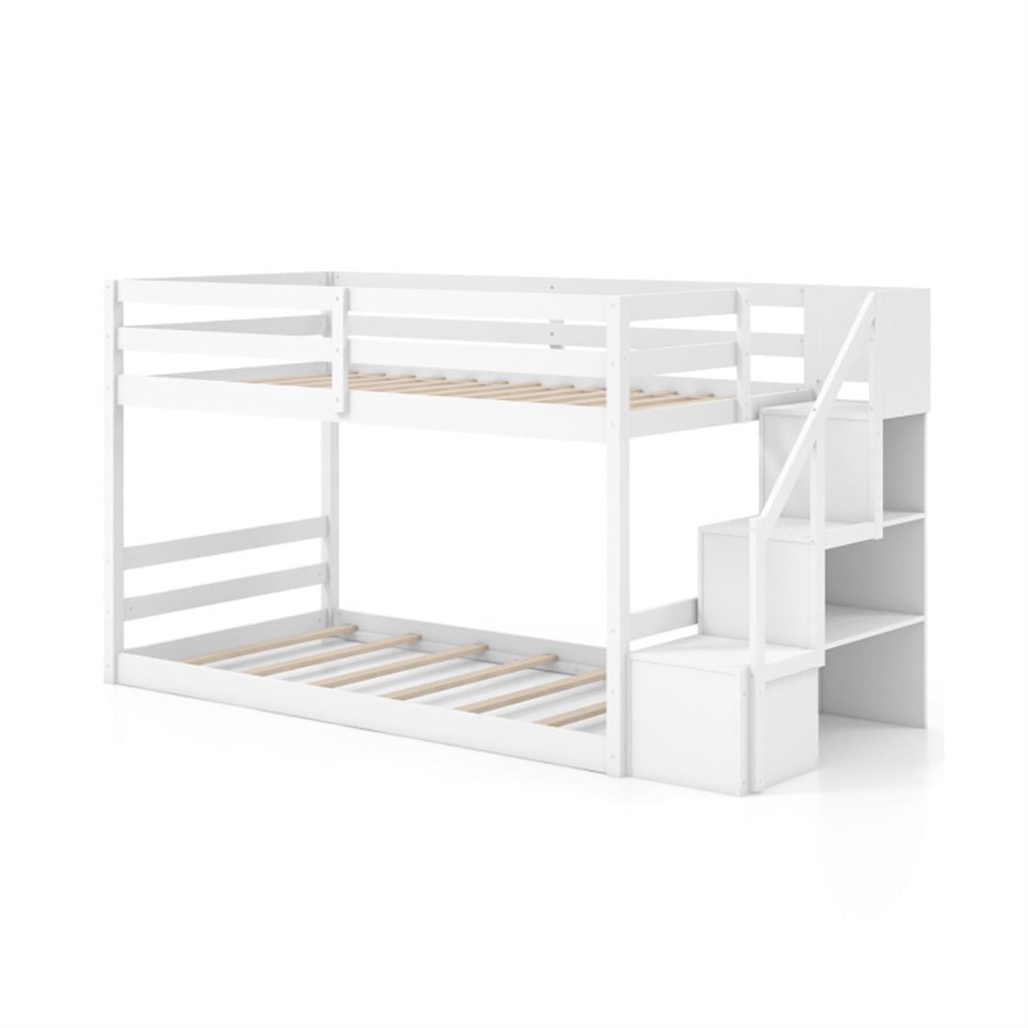 Demi Bonn Twin Over Twin Low Bunk Bed with Storage Stairs, Solid Wood Floor Bunkbeds Frame for Bedroom, No Box Spring Needed, White