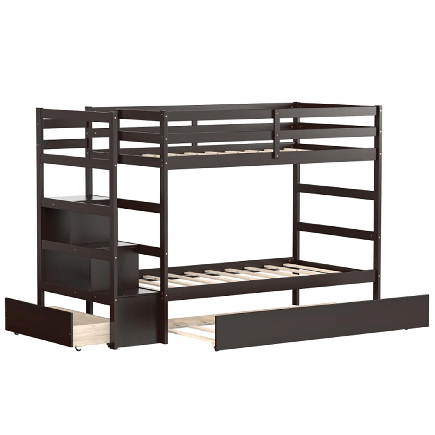 Demi Bonn Twin Pull-Out Bunk Beds with Ladder in the Steps and a Trundle, Bunk Bed Platform with Storage Shelf and Drawer, Brown