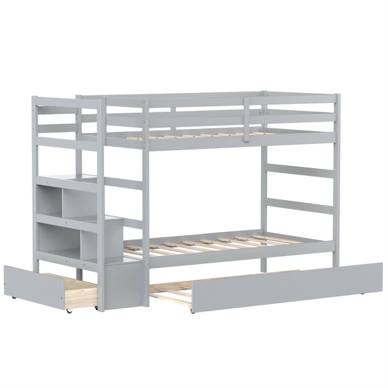 Demi Bonn Twin Pull-Out Bunk Beds with Ladder in the Steps and a Trundle, Bunk Bed Platform with Storage Shelf and Drawer, Gray