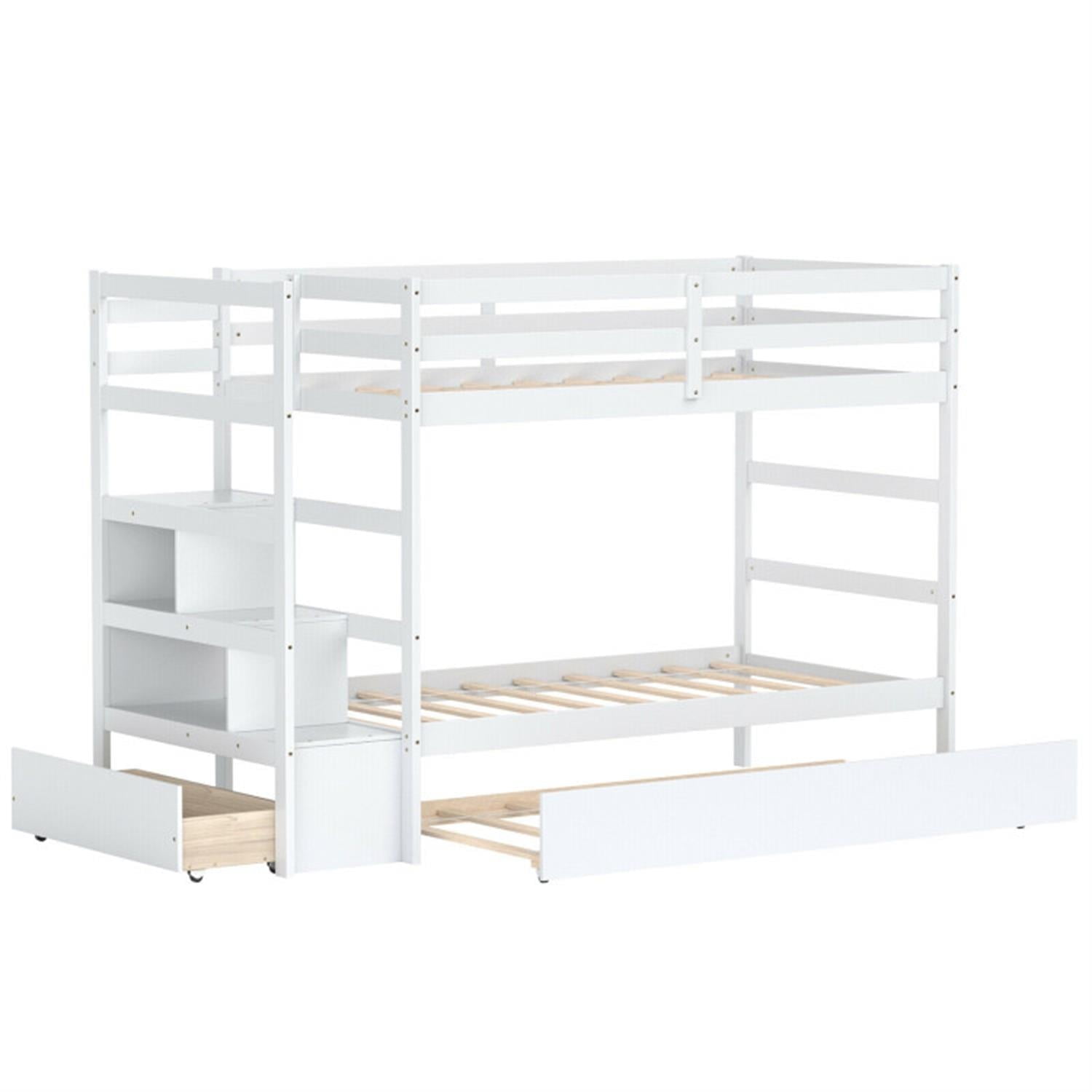 Demi Bonn Twin Pull-Out Bunk Beds with Ladder in the Steps and a Trundle, Bunk Bed Platform with Storage Shelf and Drawer, White