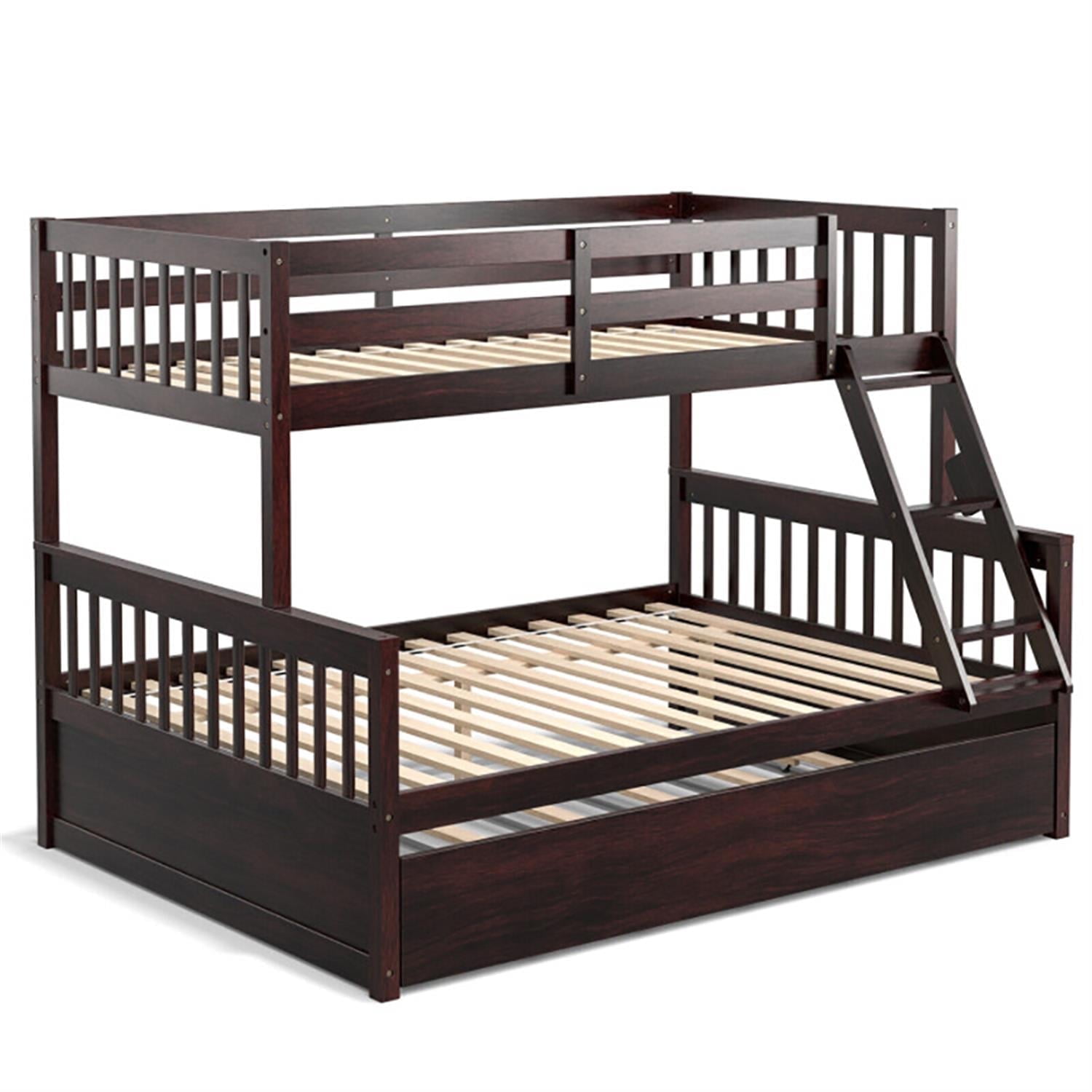 Demi Bonn Twin Pull-Out Bunk Beds with Ladder in the Steps and a Trundle, Full Convertible Bunk Bed Platform, Brown