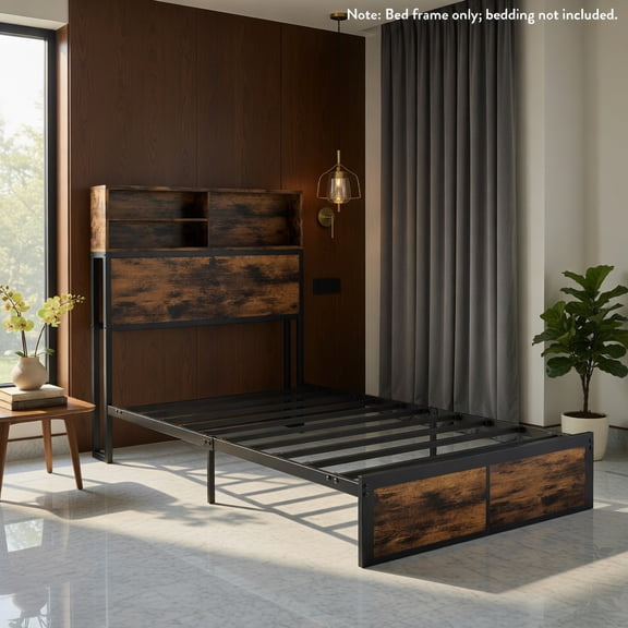 Demi Bonn Twin Size Bed Frame with Wooden Headboard and Footboard, Industrial Metal Platform Bed Frame with Under Bed Storage, No Box Spring Needed, Brown