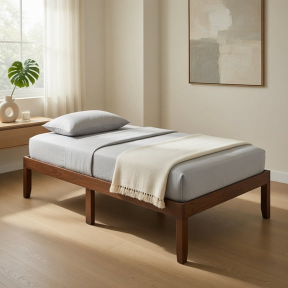 Demi Bonn Twin Size Bed Frame with Wooden Slats Support and Rubber Wood Legs, Acacia Wood Platform Bed Frame with Under Bed Storage, No Box Spring Needed, Brown