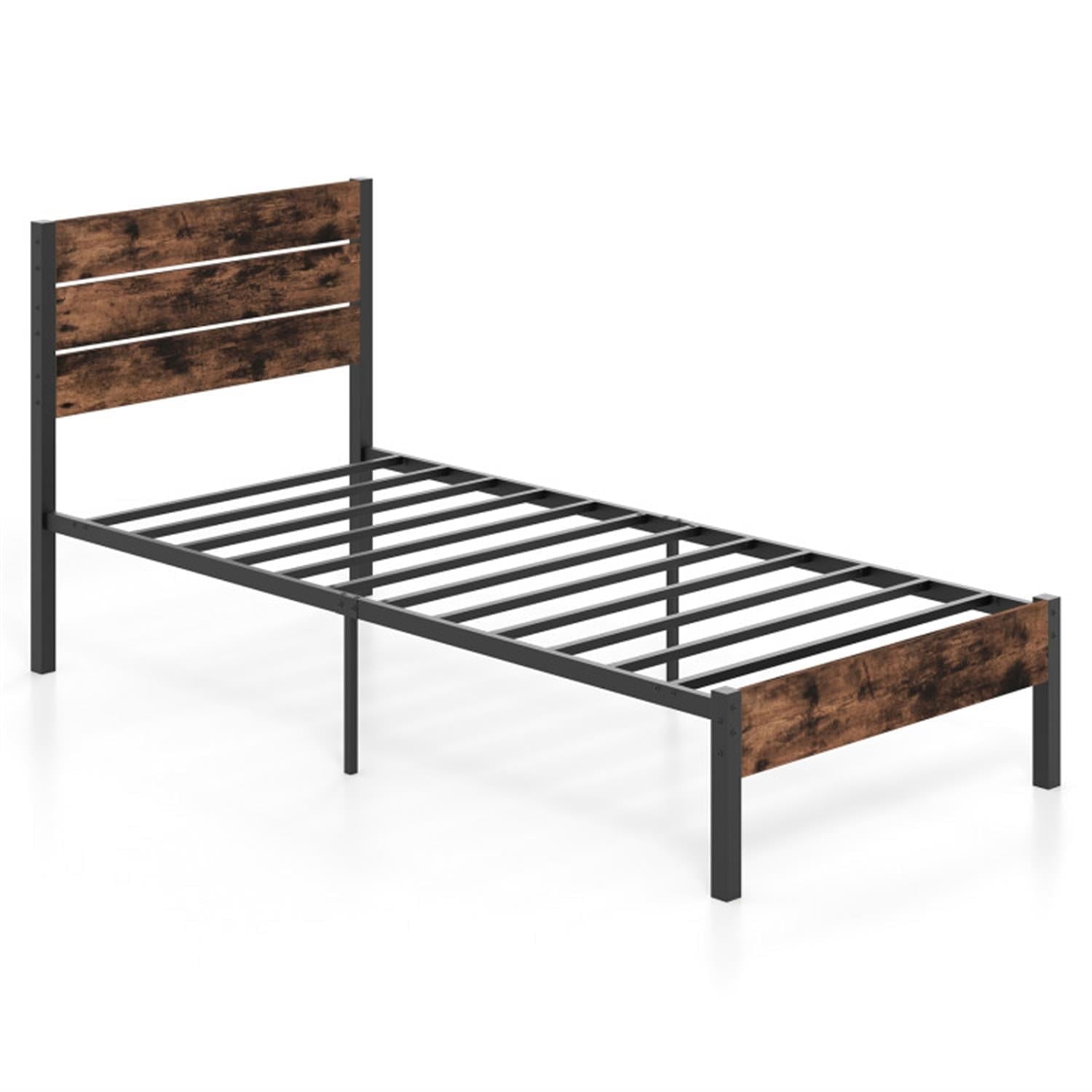 Demi Bonn Twin Size Bed Frame with High Headboard and Mute Bar, Industrial Metal Platform Bed Frame with Under Bed Storage, No Box Spring Needed, Brown