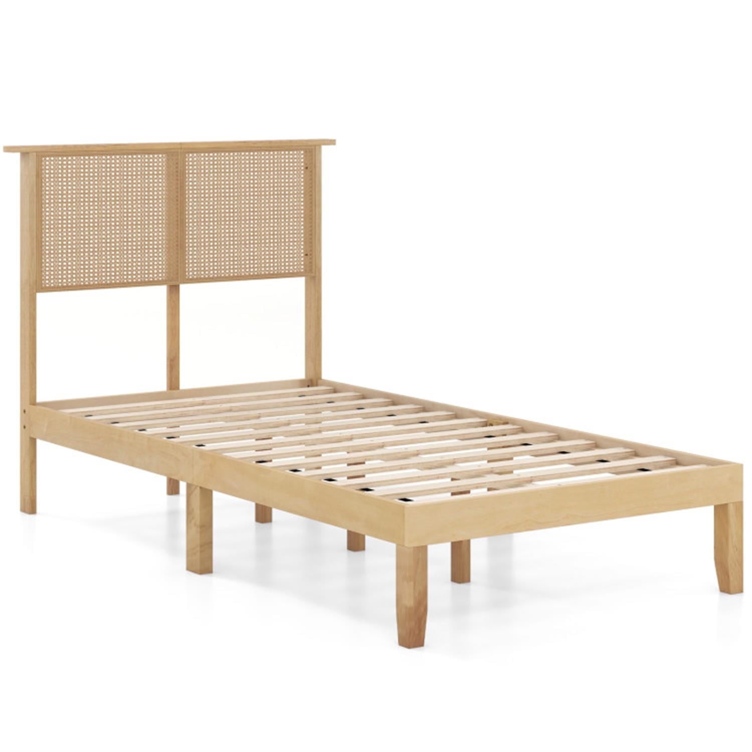 Demi Bonn Twin Size Bed Frame with Rattan Headboard, Platform Bed Frame with 12 Strong Wood Slat Support, No Box Spring Needed, Beige