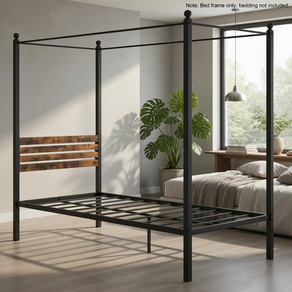 Demi Bonn Twin Size Canopy Metal Platform Bed Frame with Under Bed Storage, Steel Slat Support, No Box Spring Needed, Black